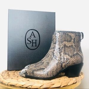 ash boots floyd chelsea bootie taupe python print leather ankle